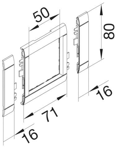 Technische Zeichnung eines rechteckigen Rahmens. Maße: Breite 71 mm, Höhe 80 mm, Tiefe 16 mm. Enthält zwei seitliche Ansichten.
