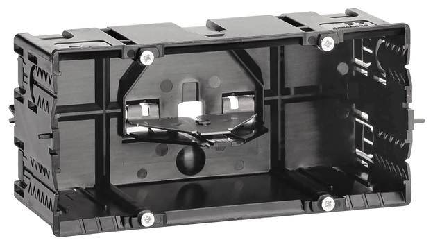 Ein rechteckiges, schwarzes Kunststoffgehäuse mit Metallteilen, wahrscheinlich eine Halterung oder Abdeckung für elektronische Komponenten.
