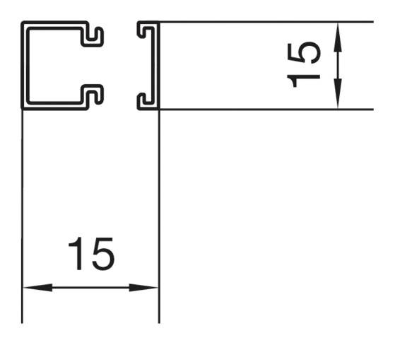 Technische Zeichnung zeigt ein Profil im Querschnitt mit Maßen von 15 mm in Breite und Höhe.