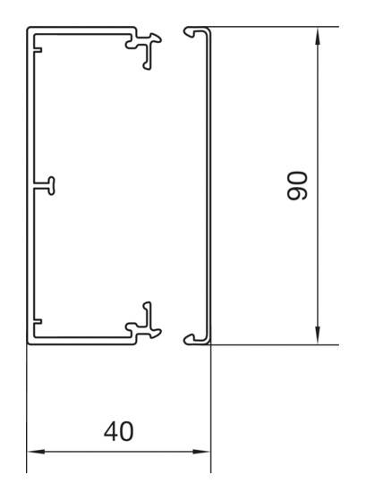Technische Zeichnung eines rechteckigen Profils mit den Maßen 40 mm Breite und 90 mm Höhe, seitliche Ansichten gezeigt.