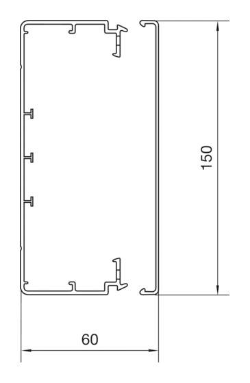 Querschnitt einer rechteckigen Aluminiumprofilkonstruktion mit den Maßen 150 mm Höhe und 60 mm Breite, dargestellt in einer technischen Zeichnung.