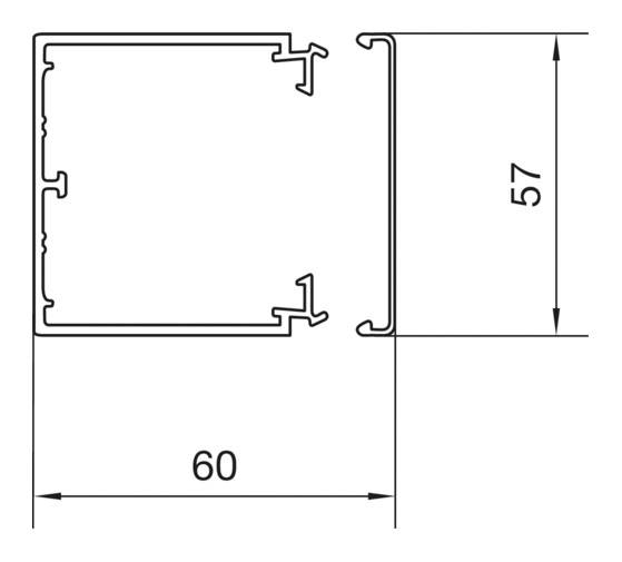 Technische Zeichnung eines Profilquerschnitts mit zwei Teilen, horizontal 60 mm, vertikal 57 mm. Hauptbestandteil des Konstruktionsplans.