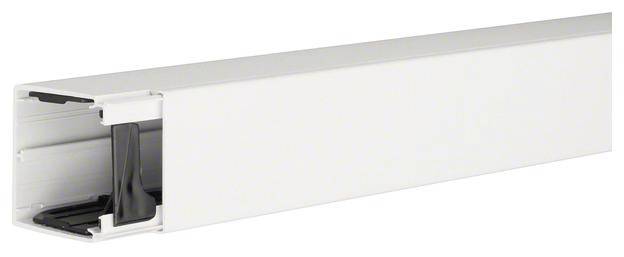 Ein weißer Kabelkanal mit offenem Ende. Er zeigt das Innere zur Organisation von Kabeln.