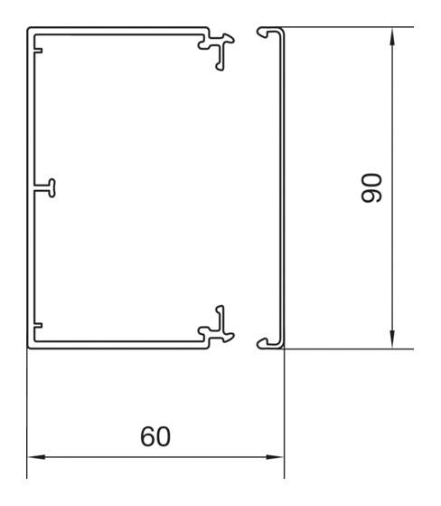 Technische Zeichnung eines rechteckigen Profils, 90 mm hoch und 60 mm breit, mit detaillierten Kanten und Befestigungsmöglichkeiten.