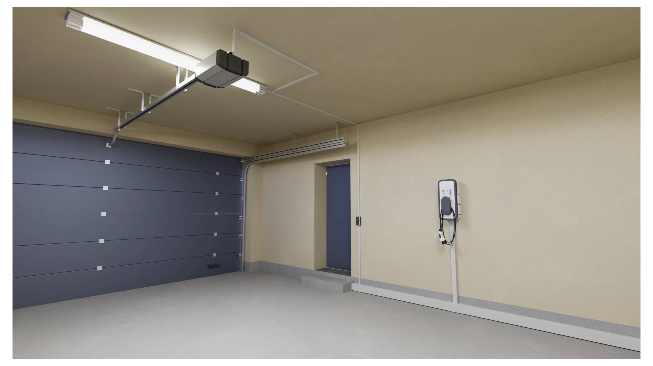 Ein sauberes Garageninneres mit einem geschlossenen blauen Garagentor und einer Elektrofahrzeug-Ladestation, die an der rechten Wand montiert ist.