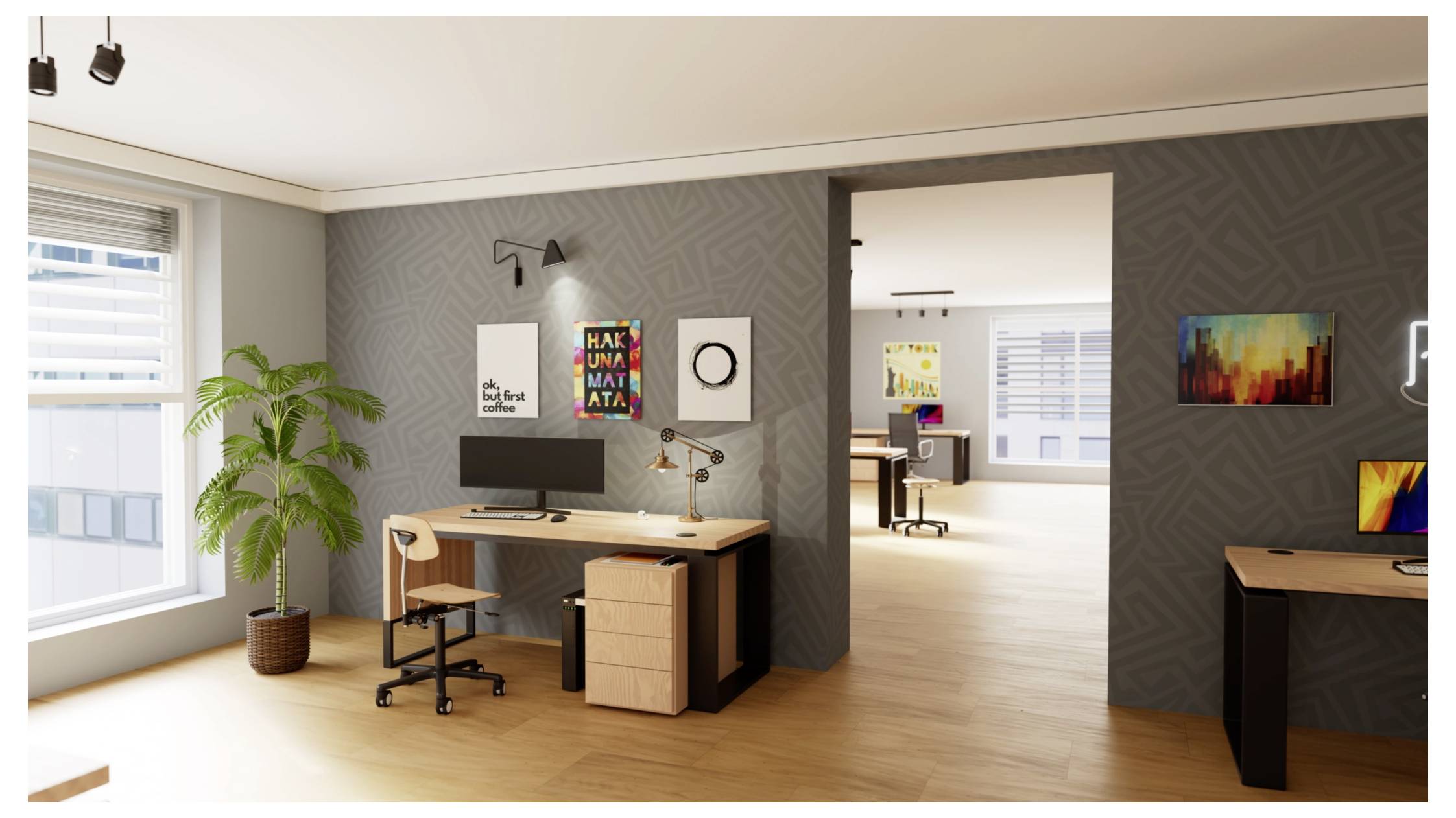 Modernes Büro mit Schreibtischen, Computern, Wandkunst und einer Zimmerpflanze. Helles natürliches Licht von großen Fenstern beleuchtet den Arbeitsbereich.