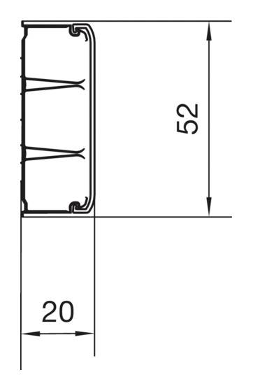 Querschnittsdiagramm eines Profils mit Außmaßen: die Höhe beträgt 52 mm, die Breite 20 mm. Links befinden sich Verstärkungsrippen.