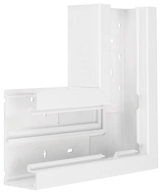 Ein weißes Kunststoff-Eckprofil für den Möbel- oder Fensterbau, mit mehreren Schienen und Befestigungslöchern für einfaches Montieren.