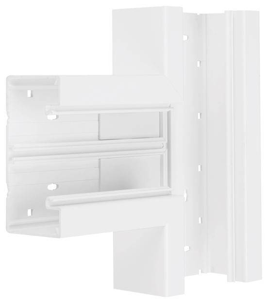 Ein weißer Kunststoff-Eckverbinder für Fensterrahmen, geeignet für stabile und langlebige Konstruktionen.