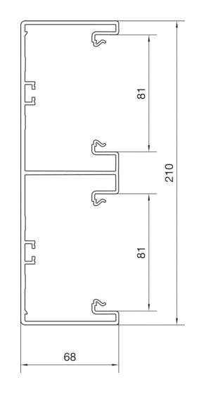 Technische Zeichnung eines rechteckigen Profils mit drei gleich großen Kammern. Maße: 68mm Breite, 210mm Höhe, Kammern je 81mm.