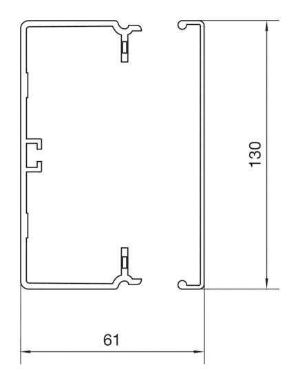Technische Zeichnung eines rechteckigen Aluminiumprofils mit Maßen 61x130 mm, zeigt Querschnitt und Befestigungspunkte.