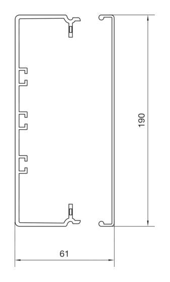 Querschnitt eines rechteckigen Aluminiumprofils mit Maßen: Breite 61 mm, Höhe 190 mm. Links sind Halterungen erkennbar.