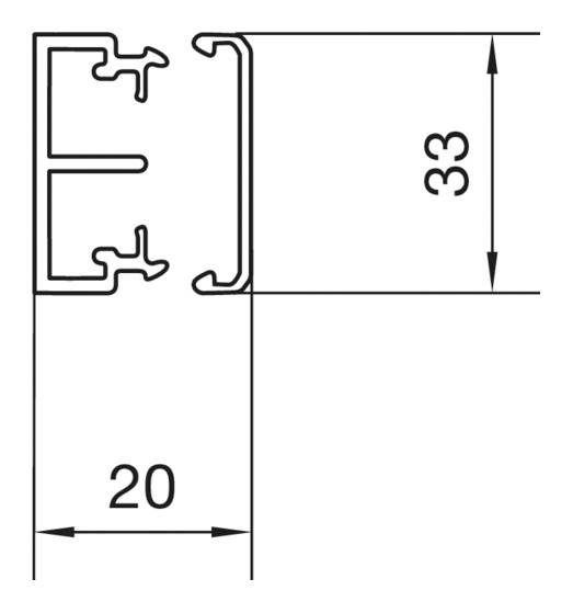 Technische Zeichnung eines Aluminiumprofils mit Maßen: Höhe 33 mm, Breite 20 mm. Geeignet für Konstruktionen und Befestigungen.