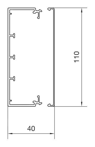 Technische Zeichnung eines rechteckigen Profils mit Maßen: Breite 40 mm, Höhe 110 mm. Detaillierte Innenstruktur sichtbar.