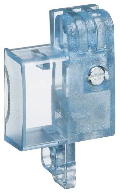 Kleine, blaue, transparente Kunststoffhalterung mit metallenem Schraubverschluss, vermutlich für elektrische oder mechanische Anwendungen.