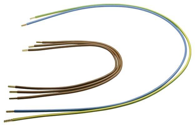 Mehrere farbige elektrische Drähte, darunter blaue, braune und gelb-grüne, auf weißem Hintergrund.