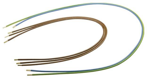 Fünf isolierte Kabel in Braun, Blau und Grün-Gelb mit abisolierten Enden, angeordnet in zwei Gruppen. Nutzung für elektrische Anschlüsse.
