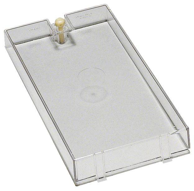 Kompakter, transparenter Plastikbehälter mit einem kleinen beige Knopf in der oberen Ecke, geeignet zur Aufbewahrung kleiner Gegenstände.