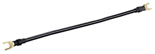 Schwarzes Kabel mit goldenen U-förmigen Steckern an beiden Enden, verwendet für elektrische Verbindungen.