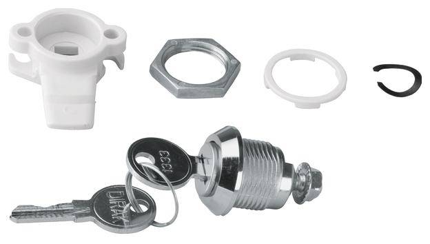Metallschloss und Schlüssel-Set mit weißen und schwarzen Befestigungsteilen, inklusive Sechskantmutter und Schlüsselanhänger.
