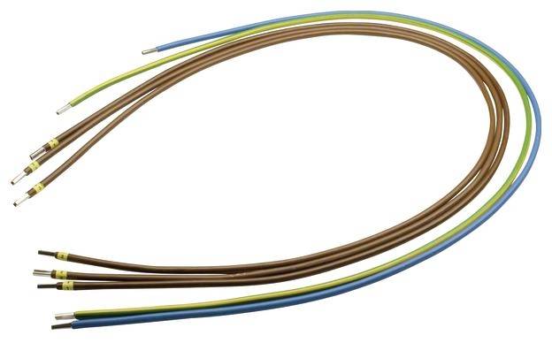 Mehrere bunte Elektrokabel mit Metallenden, nebeneinander auf einem weißen Hintergrund.