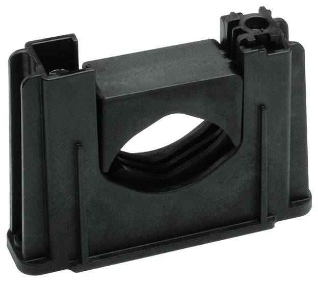 Schwarzer Kunststoffkabelhalter, rechteckige Form, zur Befestigung von Kabeln in elektrischen Installationen.