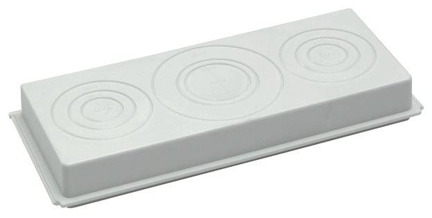 Weiße Kunststoffabdeckung mit drei kreisförmigen Erhebungen, die oft für Abzweigdosen in Elektroinstallationen verwendet wird.