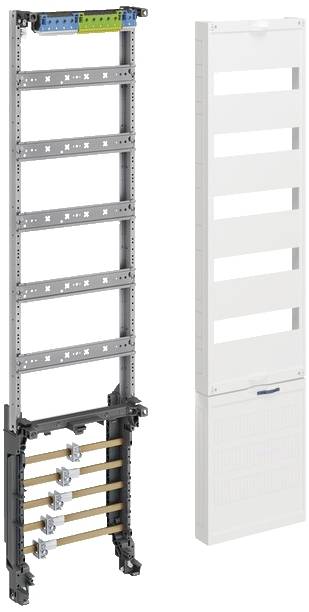 Ein offener Sicherungskastenrahmen mit sichtbaren Halterungen und Schienen und eine abnehmbare Abdeckung rechts daneben.