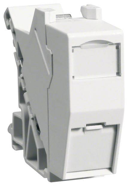 Ein weißer Plastikadapter, möglicherweise ein elektrisches oder elektronisches Bauteil, mit Steckplatz an der Vorderseite.