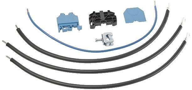 Montagesatz bestehend aus vier Kabeln unterschiedlicher Länge und mehreren blauen und schwarzen Kunststoffbefestigungen.