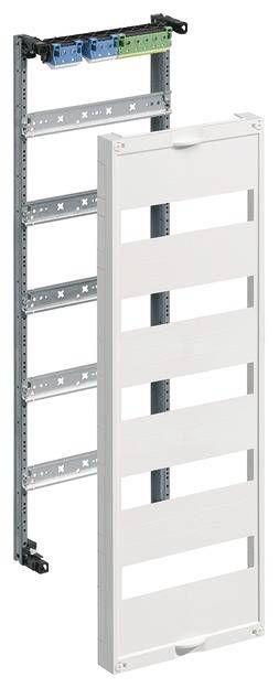 Metallschienenrahmen mit Kunststoffabdeckung, geeignet für elektrische Verkabelung in Gebäudeinstallationen. Enthält mehrere Montagepositionen.