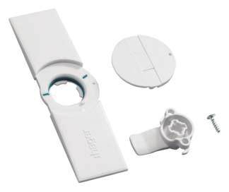 Ein weißes Kunststoff-Kit mit einer rechteckigen Abdeckung, einem runden Adapter, einem Haltestück und einer Schraube, wie in der Abbildung gezeigt.