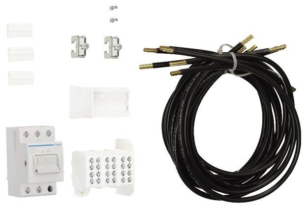 Kabelverbindungsset mit Schaltern, Klemmen und Befestigungselementen. Enthält Kabel, Schalter, Halterungen, Schrauben und Kunststoffteile.