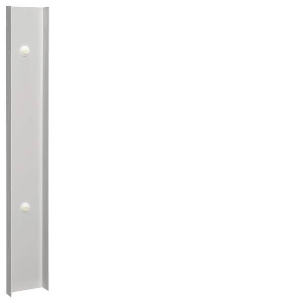 Silbernes Metallelement mit zwei sichtbaren Schrauben, wahrscheinlich ein Teil eines Regalsystems oder Möbels.