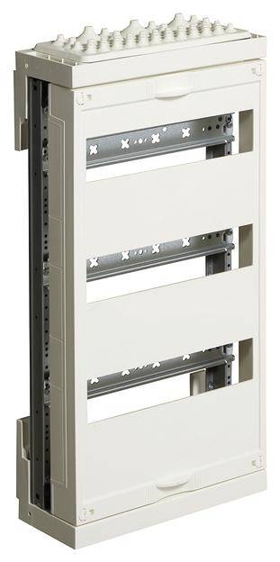 Elektrischer Schaltschrank in vertikaler Ausrichtung, Kunststoffgehäuse mit mehreren Reihen für elektrische Komponenten.