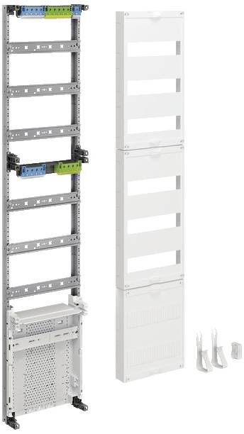Ein modulares Verteilergehäuse mit sichtbaren Träger- und Abdeckelementen. Rechts daneben liegen drei weiße Halterungen.
