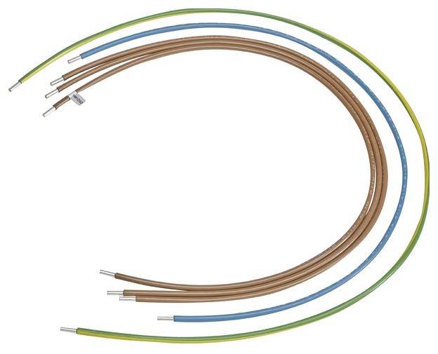 Drei Kabel mit Spiralmuster, jeweils in Braun, Blau und Gelb-Grün, symbolisieren elektrische Verkabelung mit Schutzleiterfunktion.