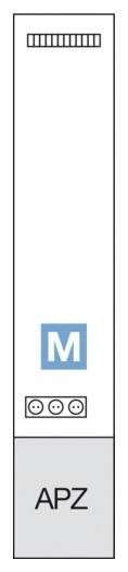 Ein rechteckiges Diagramm zeigt die Anordnung eines Stromzählers ('M') mit einem APZ-Feld darunter. Oben befinden sich Symbole.