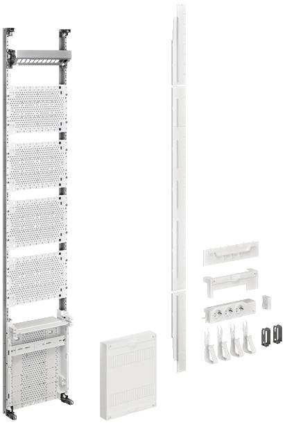 Bauteile und Zubehör für einen Server-Rack, darunter Montageschienen, Abdeckungen und Befestigungselemente.