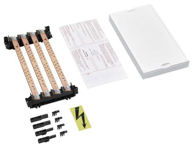 Elektrisches Bauteil-Set mit Kupferschienen, Befestigungen und Anleitung. Enthält Warnaufkleber mit Blitzsymbol.