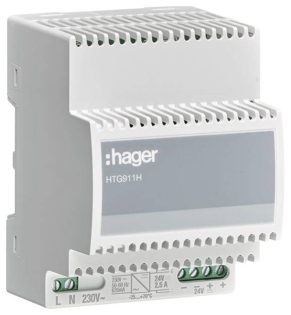 Ein weißes elektrisches Modul 'Hager HTG911H' zur Befestigung in einem Schaltschrank. Es hat Schraubkontakte für elektrische Anschlüsse.