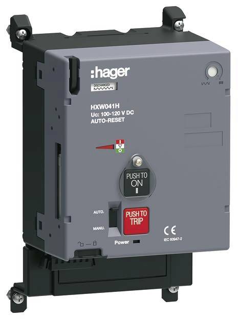 Ein schwarzer Schalter mit der Aufschrift 'Hager' oben links, darunter der Text 'HXW041H, Auto-Reset'. Ein roter Knopf mit 'PUSH TO TRIP'.