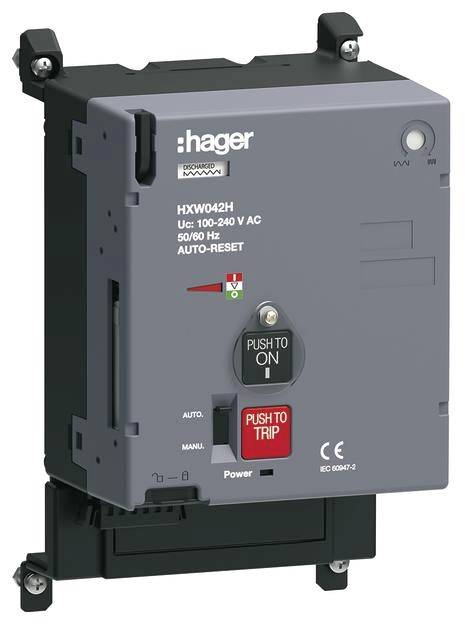 Ein elektrischer Leistungsschalter von Hager mit der Aufschrift 'PUSH TO ON' und 'PUSH TO TRIP', geeignet für 100-240 V AC, AUTO-RESET.