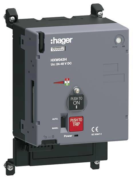 Elektrischer Leistungsschalter von Hager, Modell HXW043H, mit einem Hauptschalter zum Ein- und Ausschalten. Spannung: 24-48 V DC.