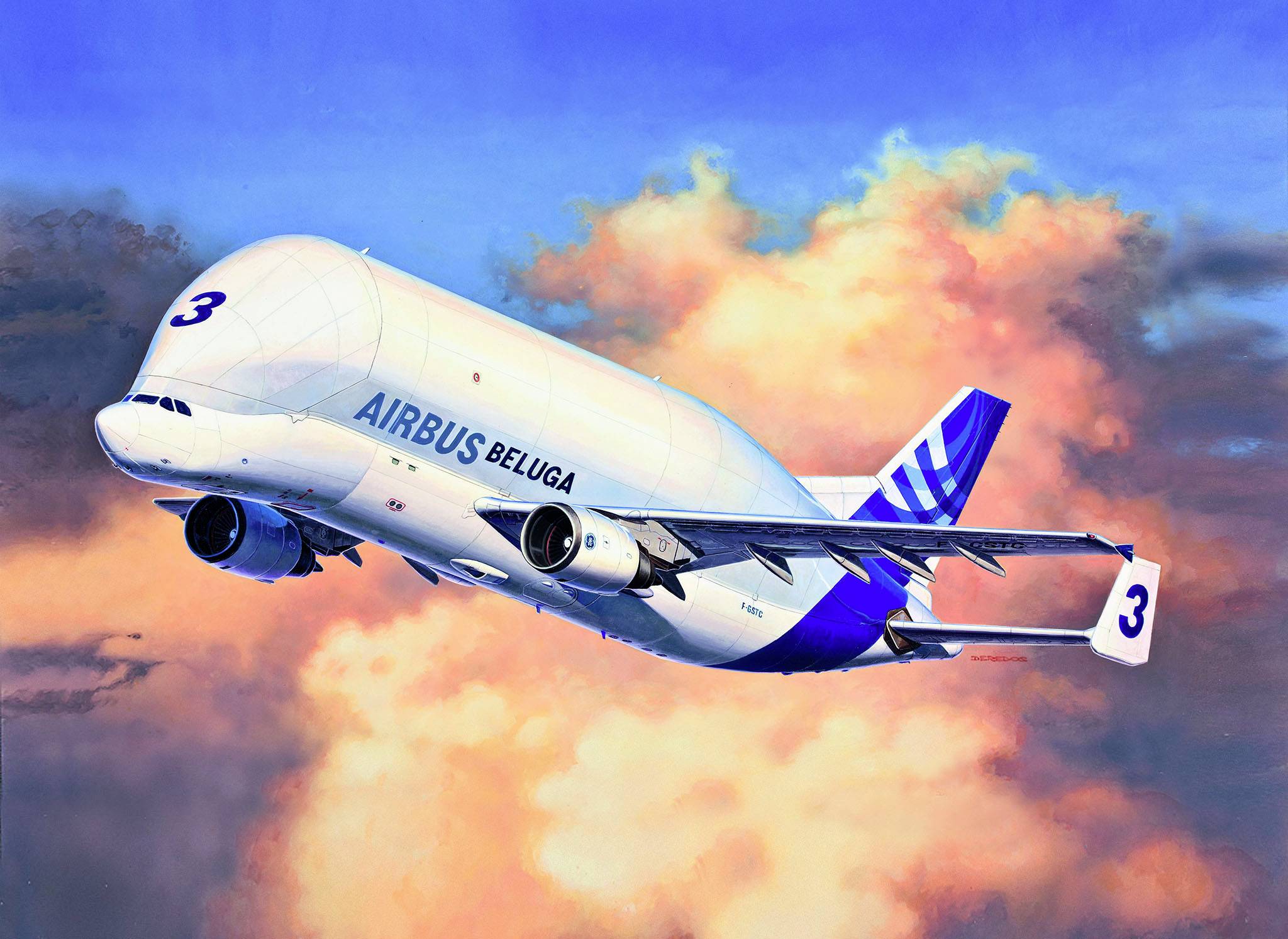 Ein Airbus Beluga-Flugzeug fliegt am Himmel mit orangefarbenen Wolken im Hintergrund.