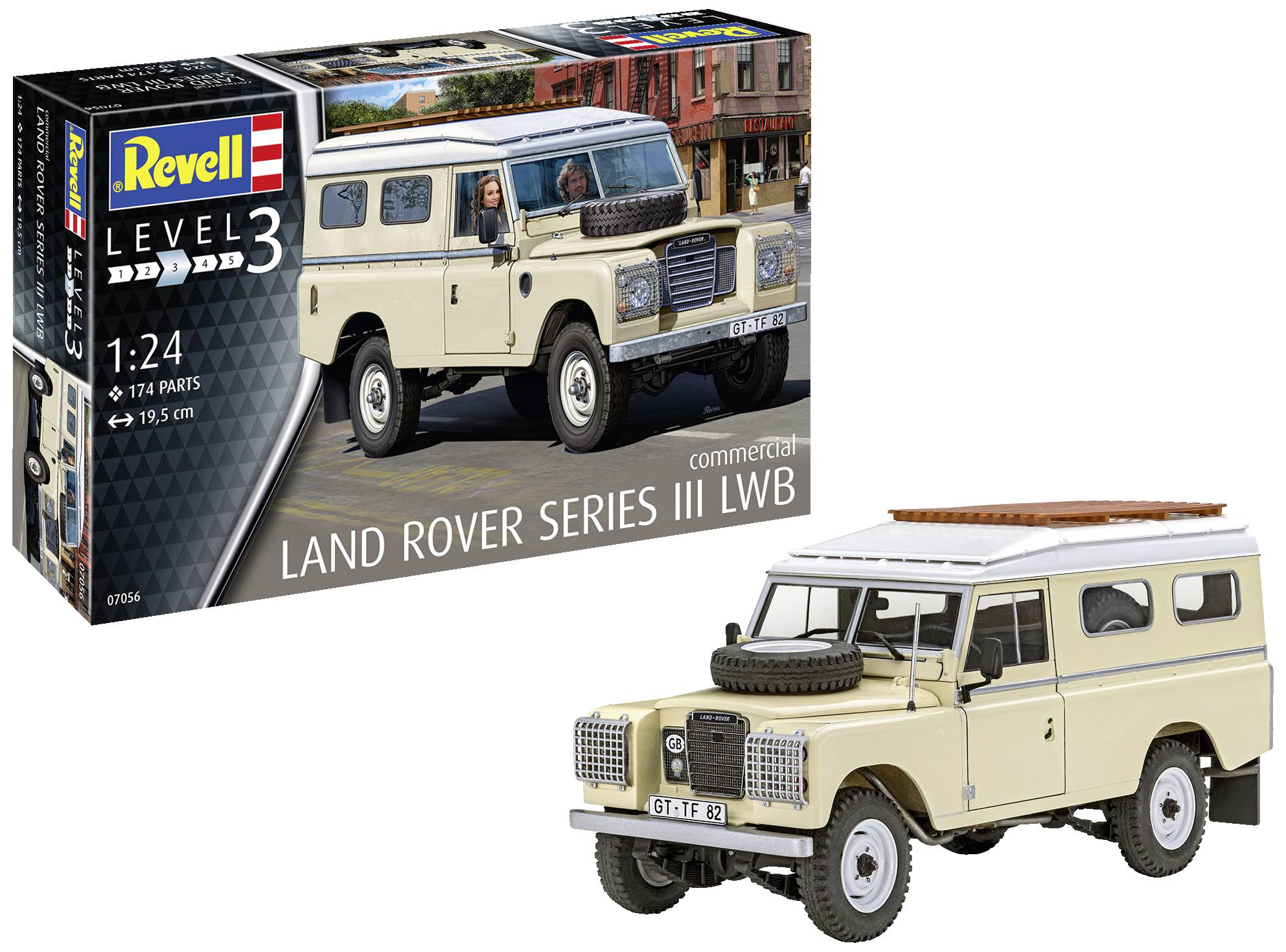Bausatz des Land Rover Series III LWB von Revell, Maßstab 1:24. Zeigt das Fahrzeugmodell und die Verpackung mit Bild des Geländewagens.