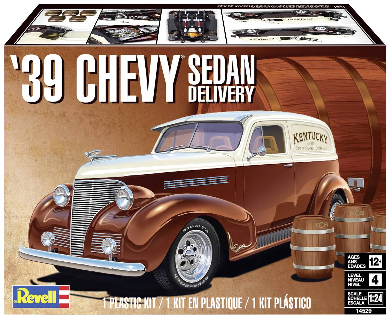 Eine Modellbauverpackung zeigt einen '39 Chevy Sedan Delivery in Braun und Weiß, seitlich abgebildet, mit Text 'Kentucky'. Geeignet ab 12 Jahren.