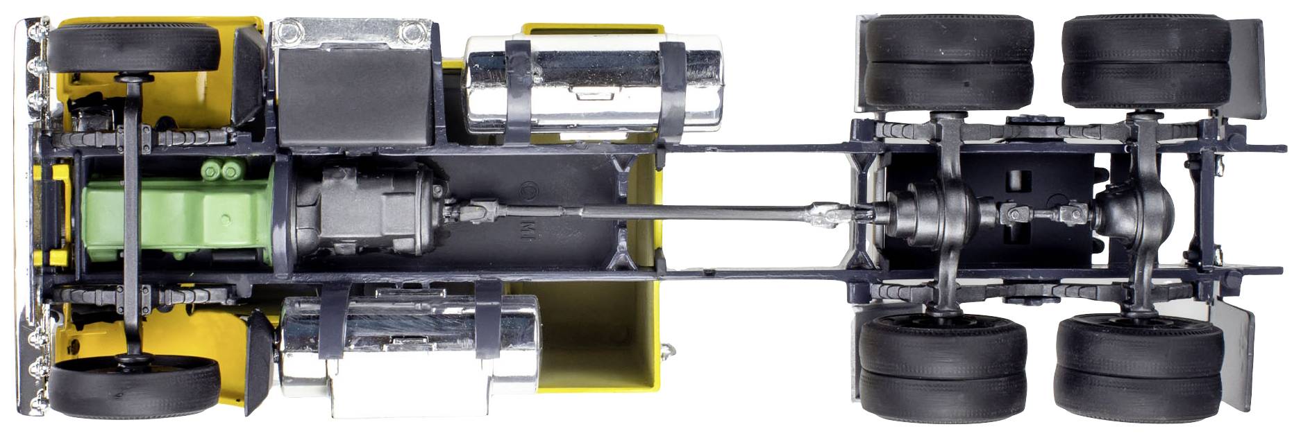 Ansicht von oben auf einen Lastwagen mit freigelegtem Fahrgestell, das die Antriebsachse und federnde Hinterachsen zeigt.