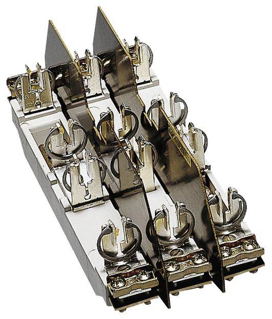 Ein elektrisches Bauteil mit vier Sicherungen in zwei Reihen. Die Sicherungen sind in Metallhalterungen auf einem weißen Träger montiert.