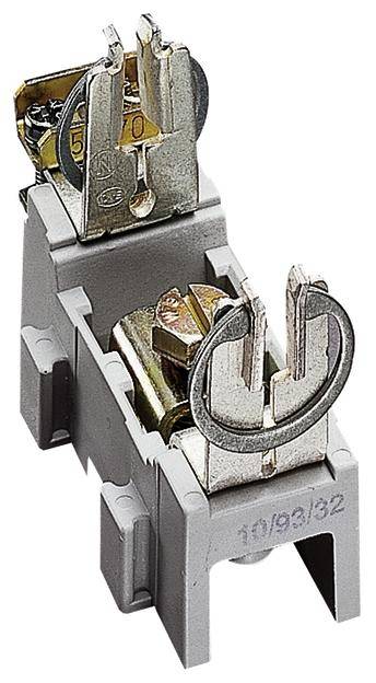 Elektrobauteil mit zwei Schraubklemmen in einem grauen Gehäuse. Klemmen sind offen, bereit für Anschluss von Kabeln.